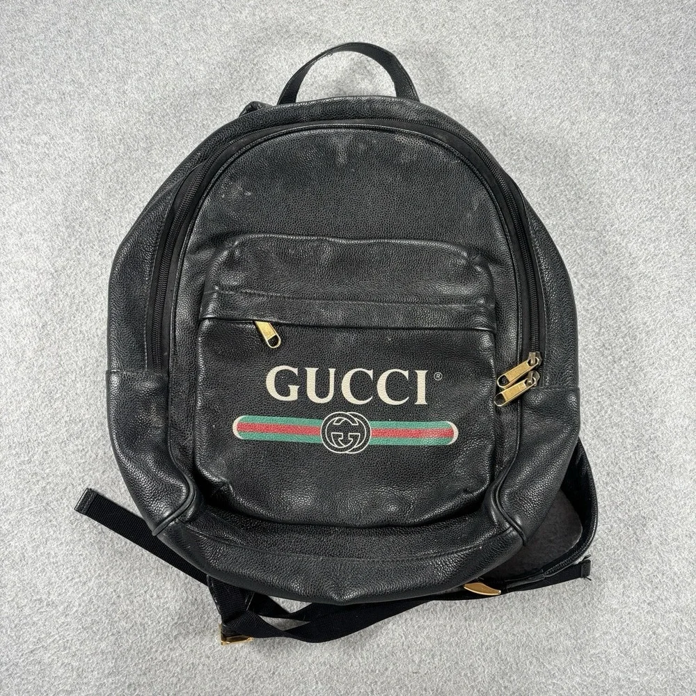 Gucci Black Leather Backpack Vintage Web Logo Front Pocket